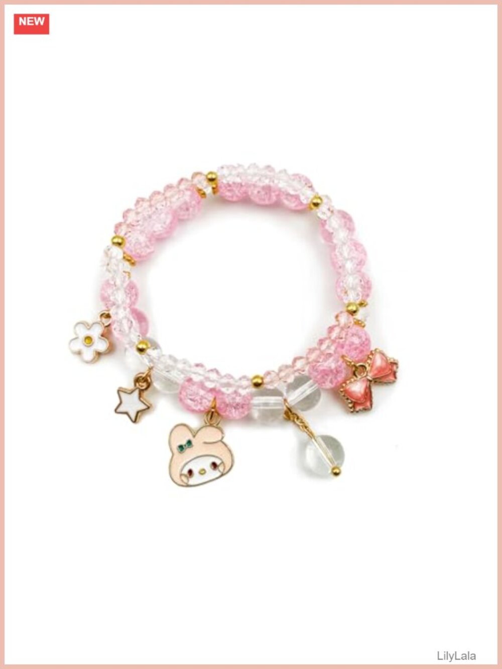 Cute Crystal Bead Bracelet Set with Pearl & Bow Pendants Elastic Stackable